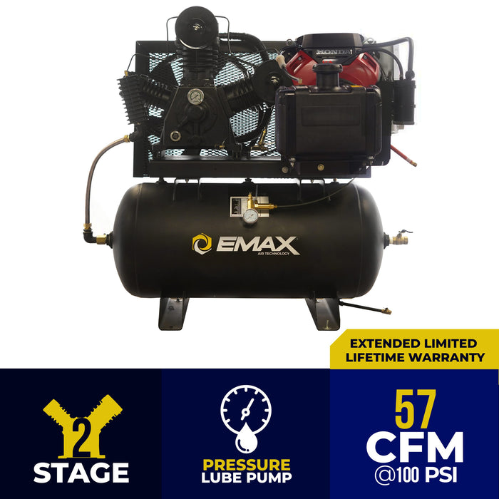 Front view of EMAX E450 G Honda GX gas driven truck mount stationary air compressor showing 2 stage pressure lube pump and 57 CFM at 100 PSI