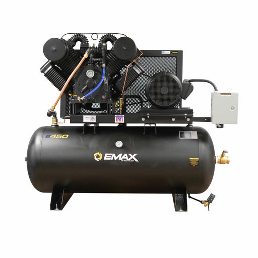 EMAX E450 Industrial Plus air compressor rated 96 CFM at 100 PSI with pressure lubricated pump and horizontal tank