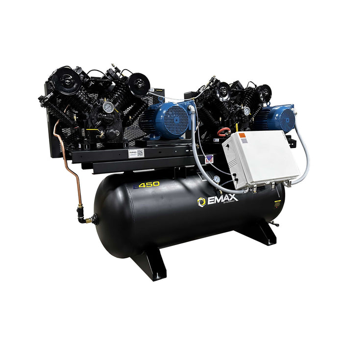 Front view of EMAX E450-S duplex silent air compressor with horizontal tank and dual motor system.