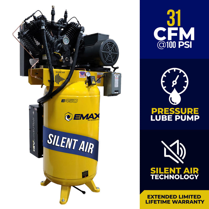 EMAX E450-S silent air pressure-lubricated piston air compressor rated 31 CFM at 100 PSI with single phase motor and vertical tank
