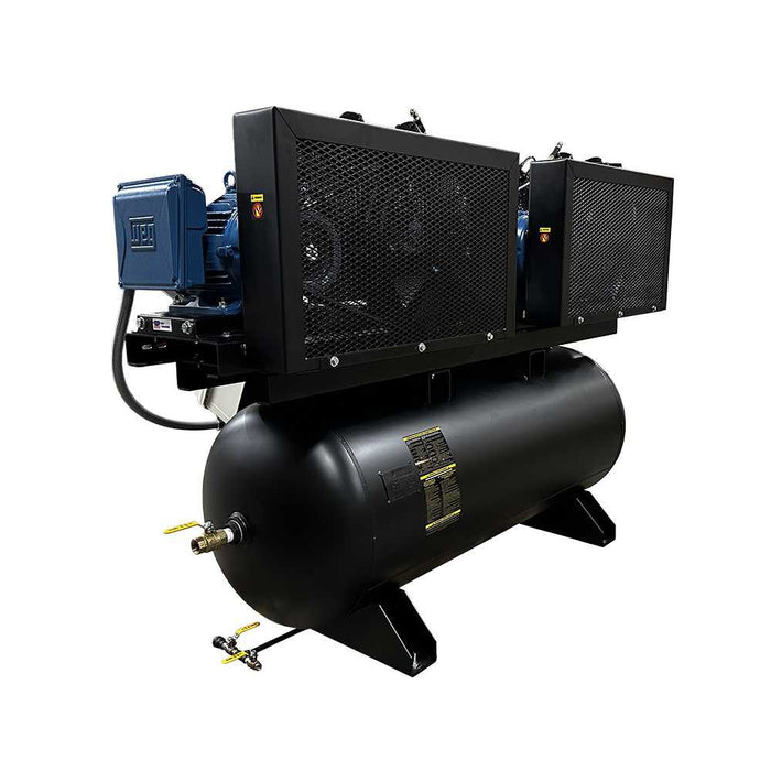Rear view of EMAX E450-S NEMA compliant weather resistant duplex air compressor with enclosed motor housing.