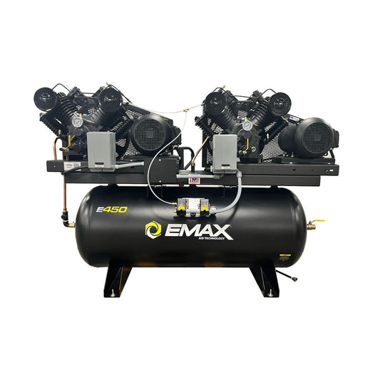EMAX E450 SD Silent Air duplex compressor showing dual pump layout on 120 gallon horizontal tank