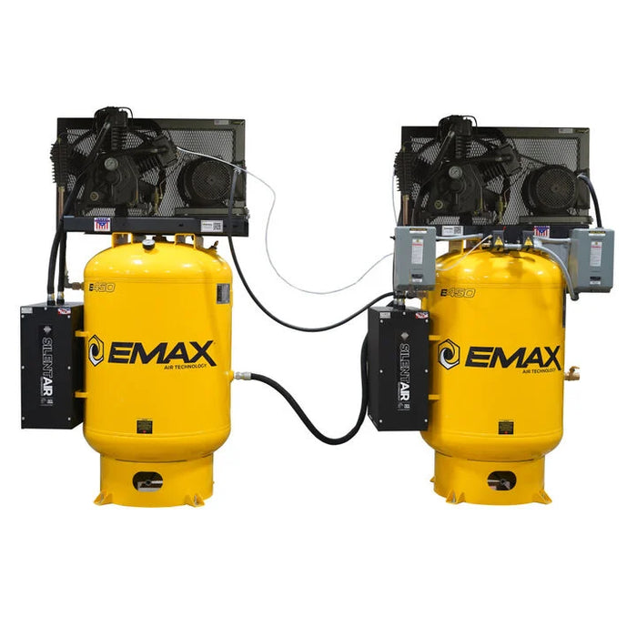 Rear angle of EMAX E450-SSD dual SOLO alternating stationary air compressors with vertical tanks and cooling radiators