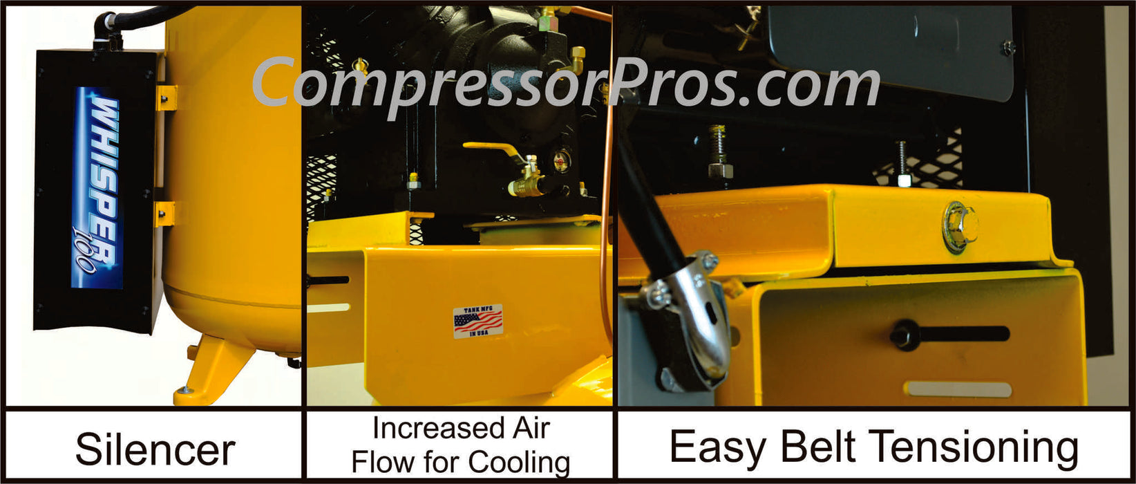 Feature callout graphic for the EMAX E450-S 7.5 HP 3-phase 80-gallon piston compressor
