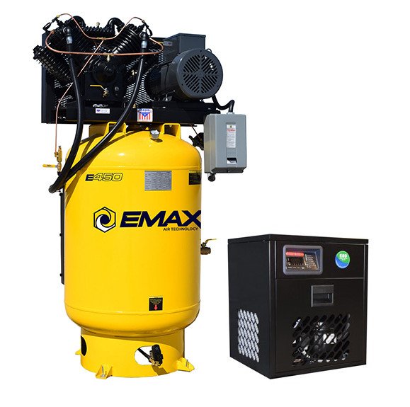 EMAX E450-SP 10 HP 80-gallon single-phase piston compressor and refrigerated dryer bundle, main product photo