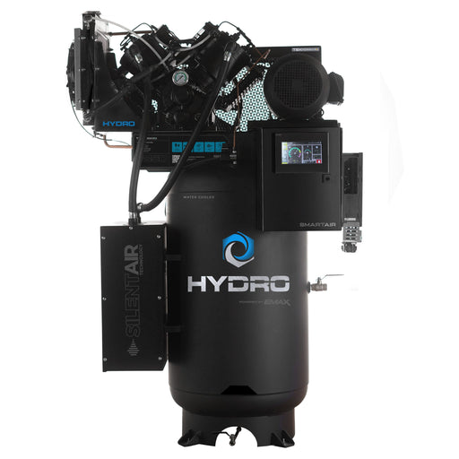 Front view of EMAX E850-S Hydro SMART AIR 10HP silent vertical industrial air compressor with integrated PLC control