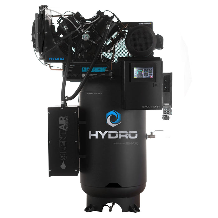 Front view of EMAX E850-S Hydro SMART AIR 10HP silent vertical industrial air compressor with integrated PLC control