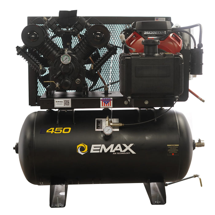 EMAX Honda GX gas driven truck mount air compressor with 2 stage pressure lubricated pump and 39 CFM at 100 PSI shown on 60 gallon tank