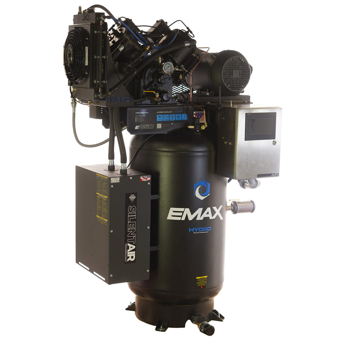Side angle of EMAX Hydro SMART AIR E850-S 10HP vertical industrial compressor showing motor and control panel