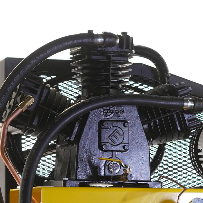 Close up of EMAX splash lubricated piston air compressor pump and cooling fins