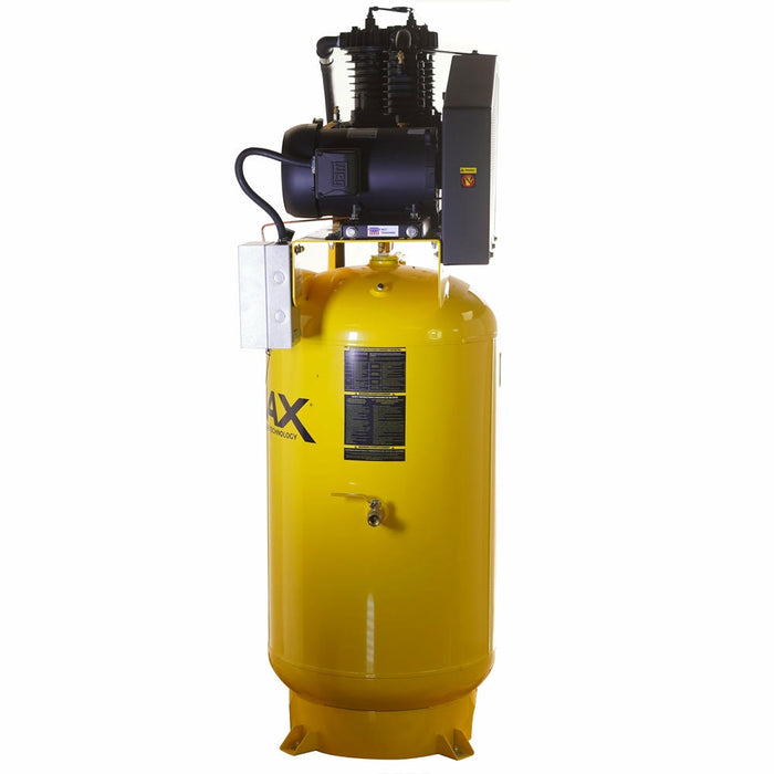 Rear view of EMAX pressure-lubricated piston air compressor with vertical tank and industrial-grade motor system