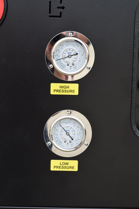 Close up of high and low pressure gauges on EMAX 3 Phase Refrigerated Air Dryer displaying system monitoring for reliable moisture control