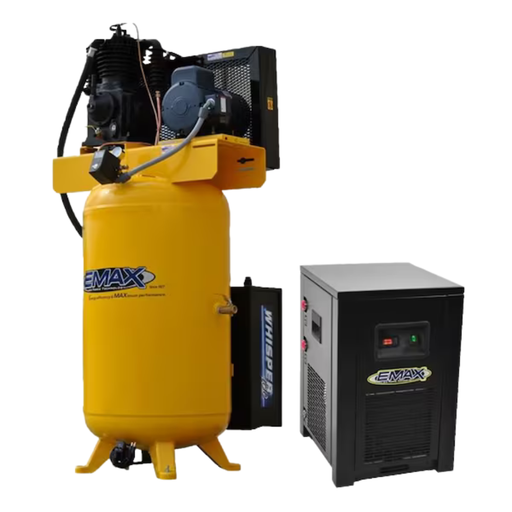 EMAX Silent Air industrial vertical piston air compressor with yellow tank shown alongside matching refrigerated air dryer