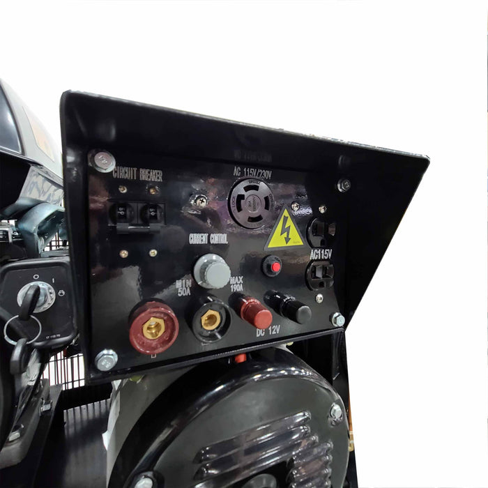 Control panel showing welding current control generator outlets and switches on EMAX E450 G