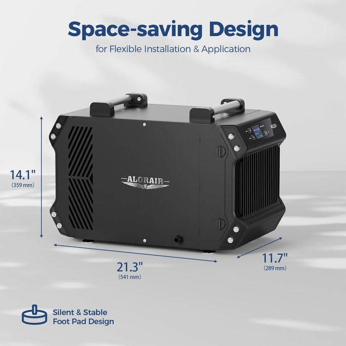 AlorAir Galaxy 60 dehumidifier dimension diagram showing 21.3 x 11.7 x 14.1 inch compact housing with adjustable foot pads