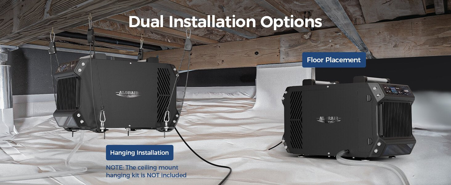AlorAir Galaxy 60 dehumidifier shown in dual installation options: ceiling-hung and floor-placed in a crawl space