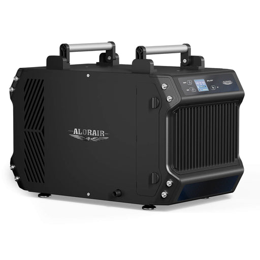 Rear detail of the AlorAir Galaxy 60 dehumidifier showing airflow and water droplets during active moisture removal