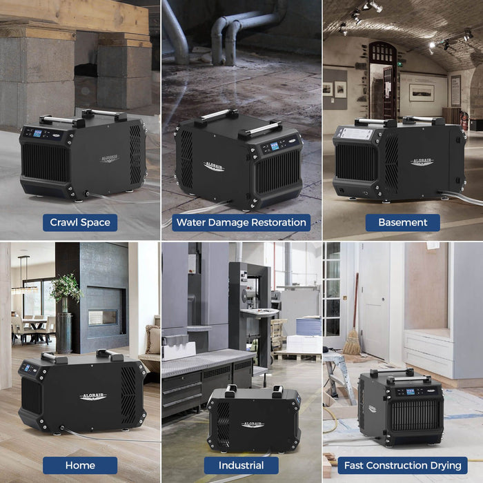 AlorAir Galaxy 60P dehumidifier with pump shown in six use cases: crawl space, water damage restoration, basement, home, industrial facility, and construction drying