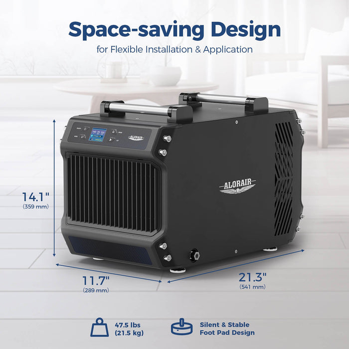 AlorAir Galaxy 60P dehumidifier dimension diagram showing 21.3 x 11.7 x 14.1 inch housing and 47.5 lb weight