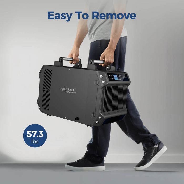 AlorAir Galaxy 85P portable crawlspace dehumidifier showing ergonomic dual handles and a compact 57.3 lb commercial-grade housing.