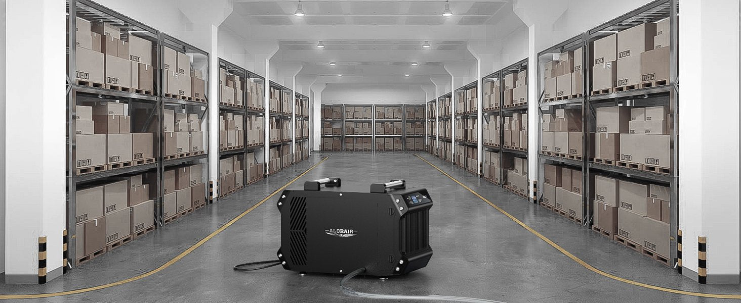 Galaxy 85P commercial dehumidifier performance graphic highlighting 85 PPD AHAM capacity, 194 CFM airflow, and built-in pump drainage.