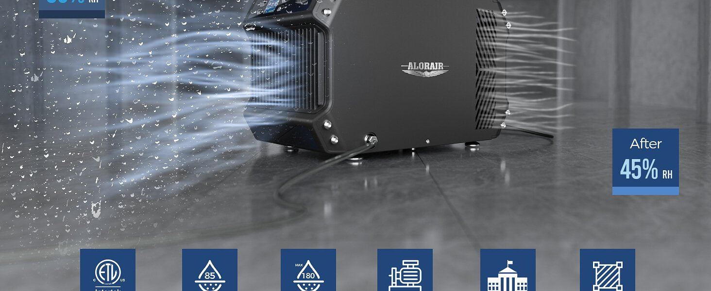 Galaxy 85P crawlspace dehumidifier overview graphic featuring built-in pump drainage, automatic defrost, MERV-1 filter, and corrosion protection.