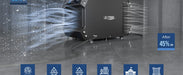 Galaxy 85P crawlspace dehumidifier overview graphic featuring built-in pump drainage, automatic defrost, MERV-1 filter, and corrosion protection.