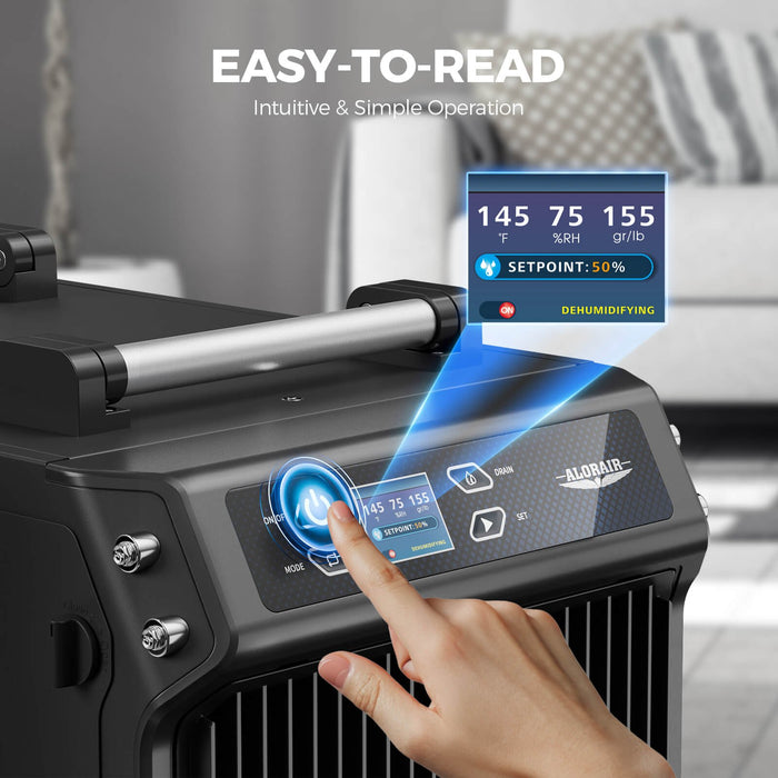 AlorAir Galaxy 85P digital control panel close-up with humidity display, operating mode indicators, and touch controls for pump and settings.