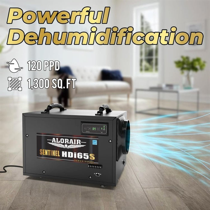 AlorAir Sentinel HDi65S dehumidifier in a living room, removing up to 120 pints per day across 1,300 sq ft