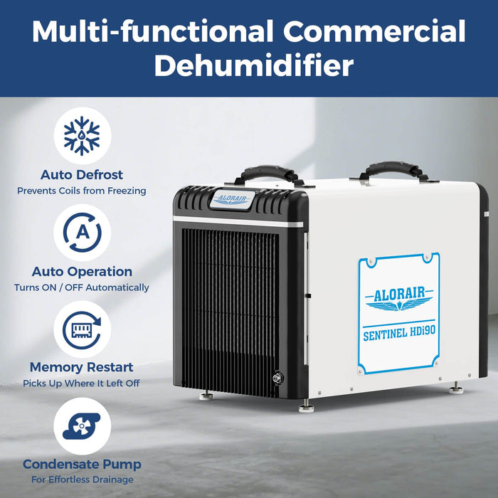 Sentinel HDi90 dehumidifier feature graphic highlighting auto defrost, auto operation, memory restart, and built-in condensate pump