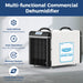 Sentinel HDi90 dehumidifier feature graphic highlighting auto defrost, auto operation, memory restart, and built-in condensate pump