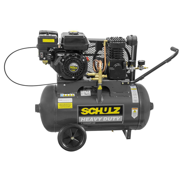 Heavy duty Schulz gas engine compressor featuring a 5.5 HP engine, 15 CFM airflow, horizontal tank, and portable wheel kit