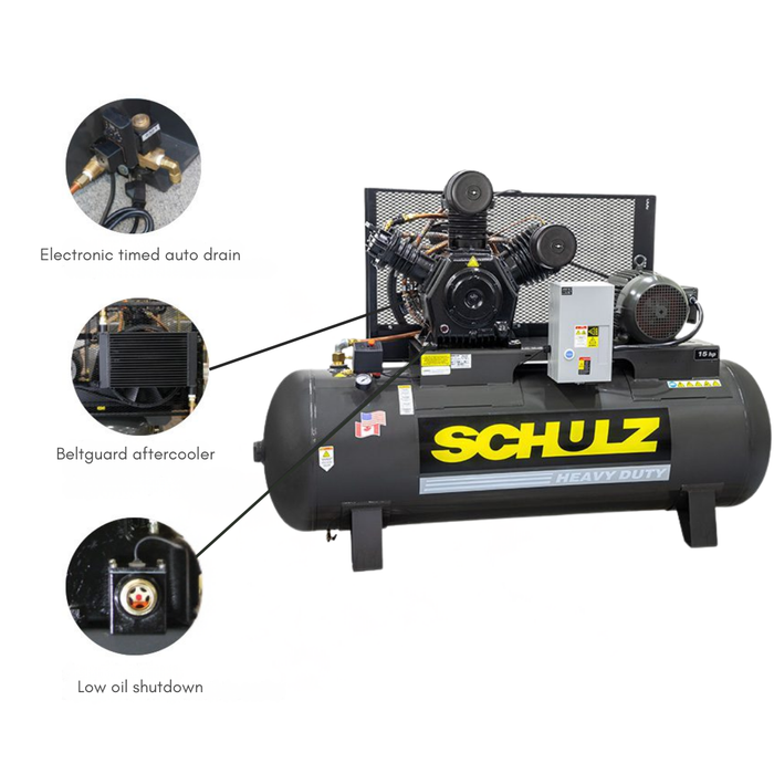 Heavy duty Schulz two stage air compressor 15 HP with electronic timed auto drain and beltguard