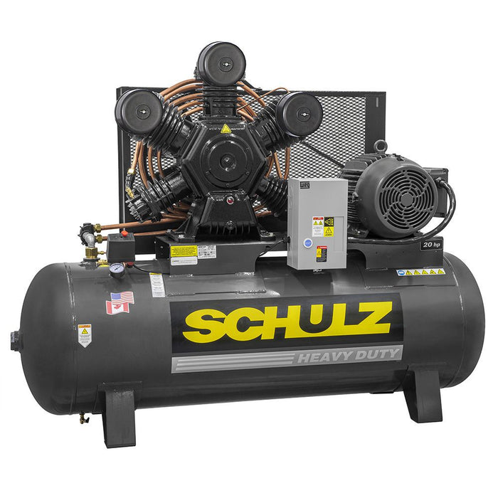 Heavy duty Schulz two stage air compressor with horizontal tank, 20 HP motor, and high-performance industrial piston pump.