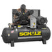 Heavy duty Schulz two stage air compressor with horizontal tank, 20 HP motor, and high-performance industrial piston pump.