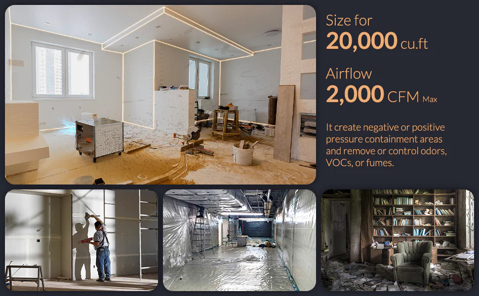 Coverage area infographic for the HEPA Pro UVIG air scrubber illustrating its rated air exchange across a large 20,000 cu ft space