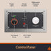 Close-up callout of the HEPA Pro UVIG control panel showing the 3-speed selector, differential pressure gauge, and marine circuit breaker