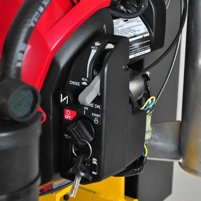 Close up of Honda GX electric start switch choke and ignition controls on EMAX truck mount stationary air compressor