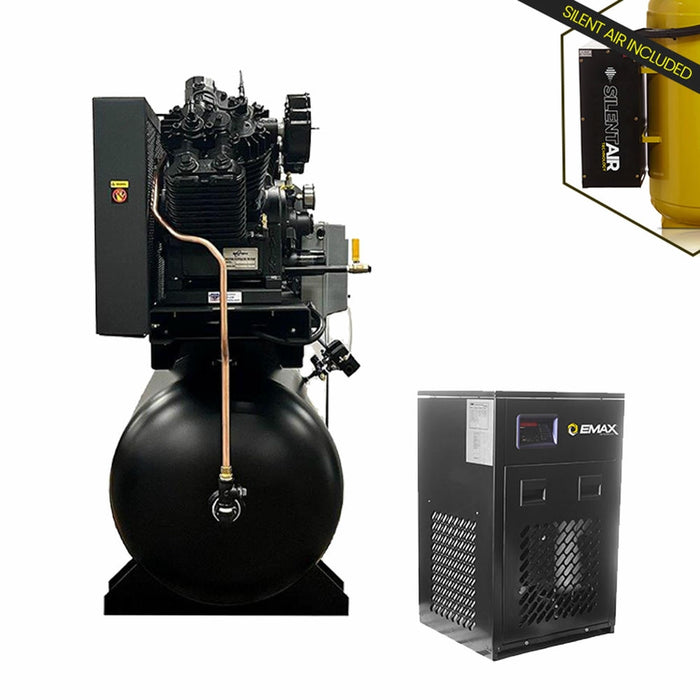 Side view of EMAX duplex horizontal air compressor with pressure lubricated pump and air dryer system