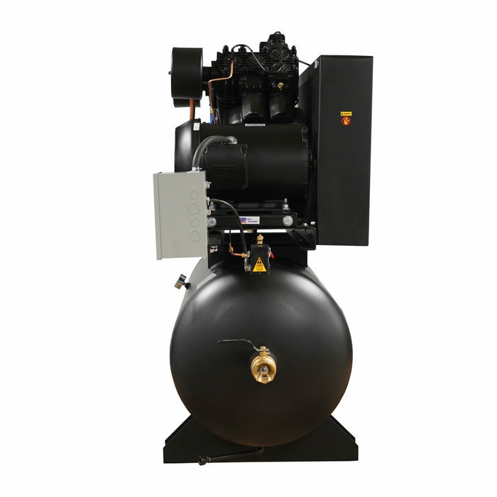 End view of industrial piston air compressor showing horizontal tank face and pressure lubricated pump system