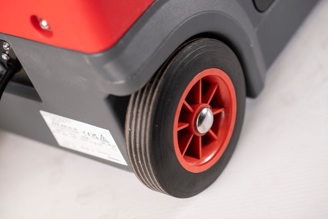 Detail of EBac HM150 industrial dehumidifier wheel assembly and reinforced base for mobility.
