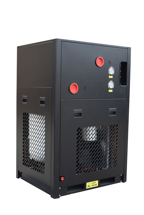 Exterior cabinet view of EMAX 3 Phase Refrigerated Air Dryer showing heavy duty steel enclosure airflow vents and industrial design
