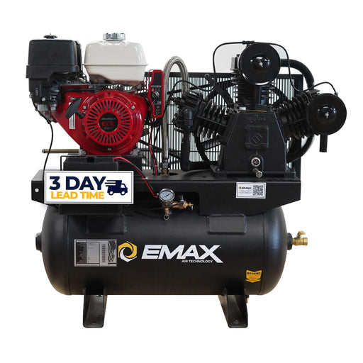 Side view of the EMAX E250-G industrial gas powered air compressor showing its compact design and control panel