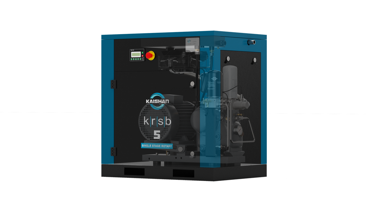 Kaishan KRSB-5 single stage rotary screw air compressor unit shown in industrial product photography