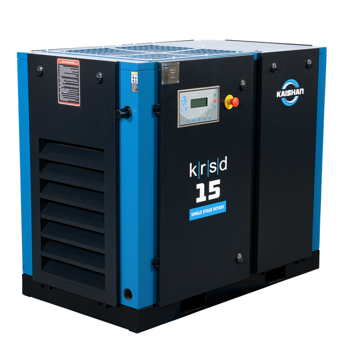 Kaishan KRSD-15 15 HP direct drive rotary screw air compressor side angle exterior view
