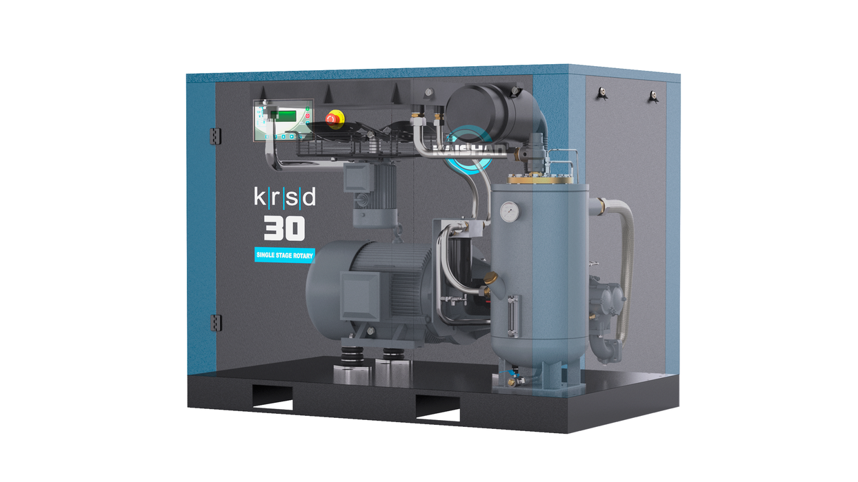 Kaishan KRSD-30 30 HP direct drive compressor X-ray view showing internal drivetrain and airend