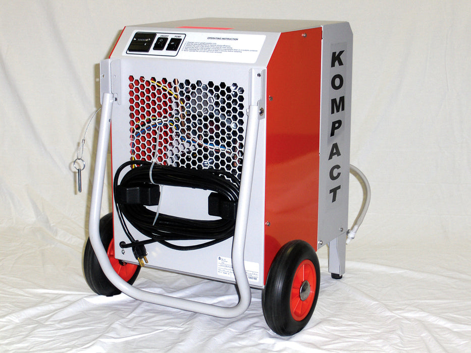 Rear view of EBAC Kompact portable dehumidifier with control panel, power cord storage, wheels, and protective grille