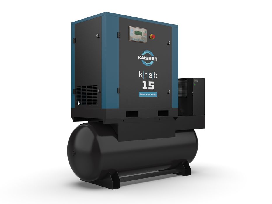 Kaishan KRSB-15 single stage compressor tank and dryer left angle showing controls and dryer unit