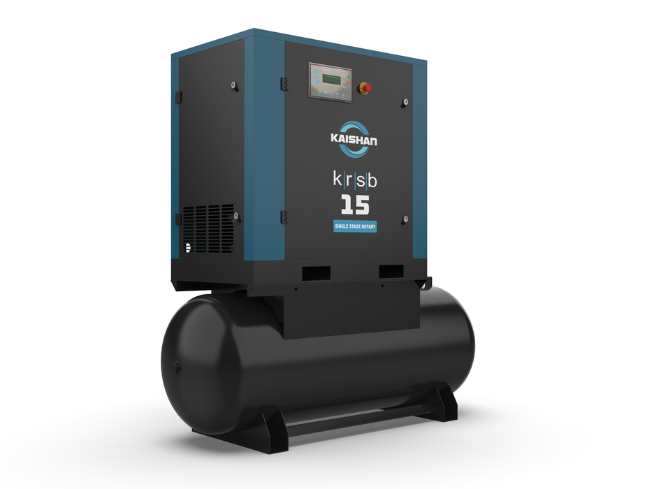 Kaishan KRSB-15 single stage rotary compressor tank mount left angle showing control panel