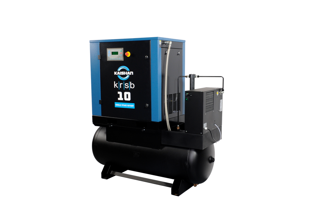 Side view of the Kaishan KSRB-10 single stage rotary screw air compressor showing industrial design and compact build